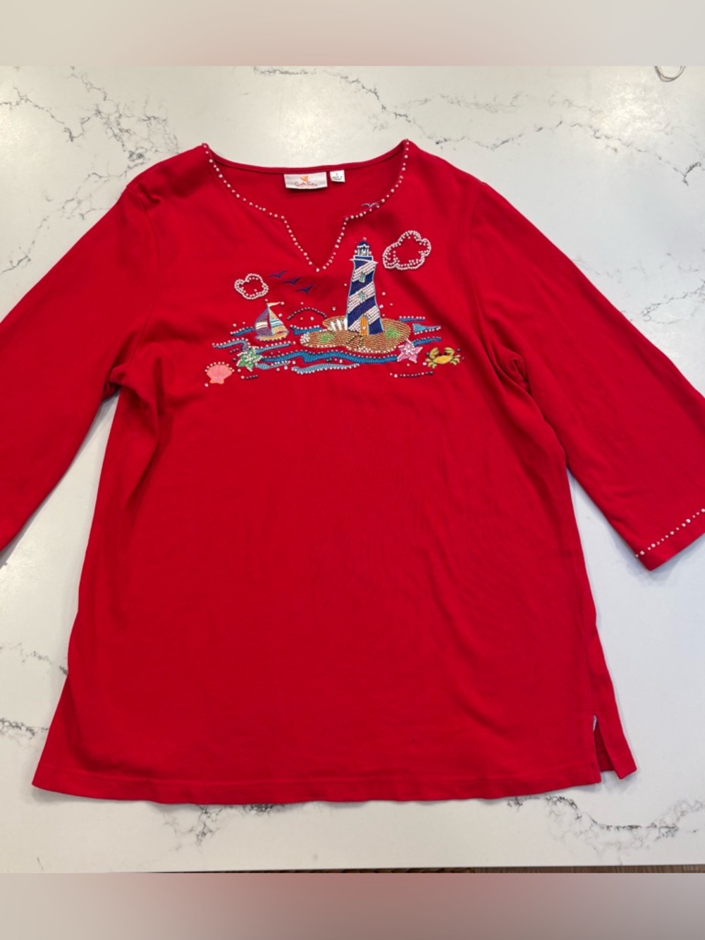 READ Quacker Factory Red Nautical Lighthouse Sailboat Beaded Quarter Sleeve Top